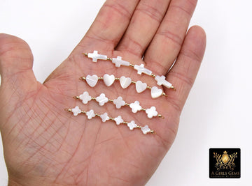 14 K Gold Filled Beaded Connectors, Mother of Pearl Connectors, Beaded Clover, Heart or Cross Pearls, Religious Permanent Jewelry Half Bracelet